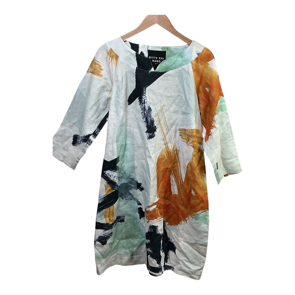 Bitte Kai Rand 100% Linen Abstract Print Shift Dress 3/4 Sleeve Pockets Size M - Picture 6 of 13